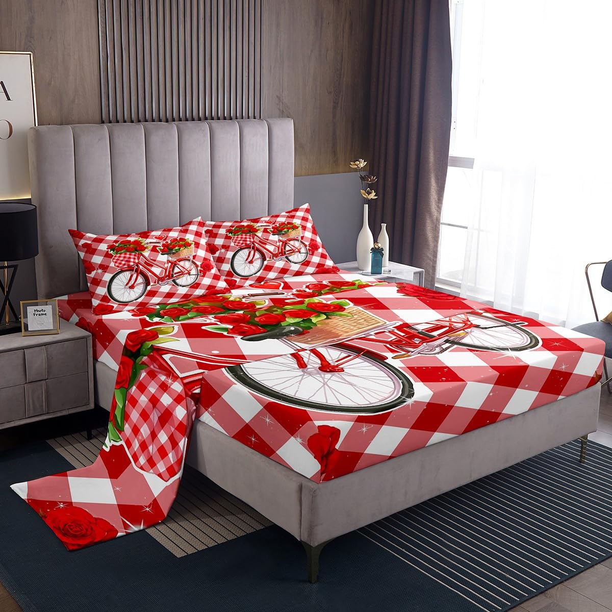 Homemissing Bike Bed Sheets Set Double Size Rose Bedding Set for Kids Boys Girls Gifts for Women Sheets with Deep Pocket Fitted Sheet Chessboard Bedding Set