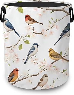 Watercolor Birds Floral Portable Laundry Hamper,Cherry Blossoms Collapsible Clothes Basket with Handles,Waterproof Oxford Cloth Organizer for Dorm Bedroom Bathroom Nursery,16 x 20 Inch