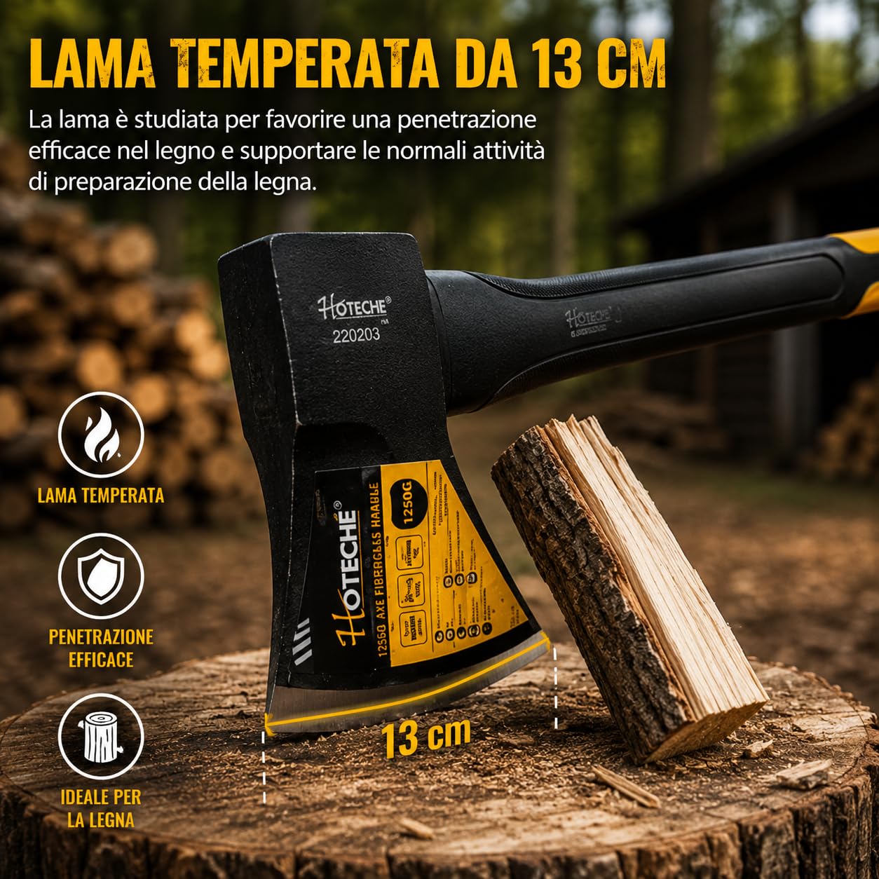Mazza Accetta Spaccalegna 1250 g Manico 80 cm ABS Antiscivolo Ascia Legna Acciaio Forgiato Lama Temperata 13 cm
