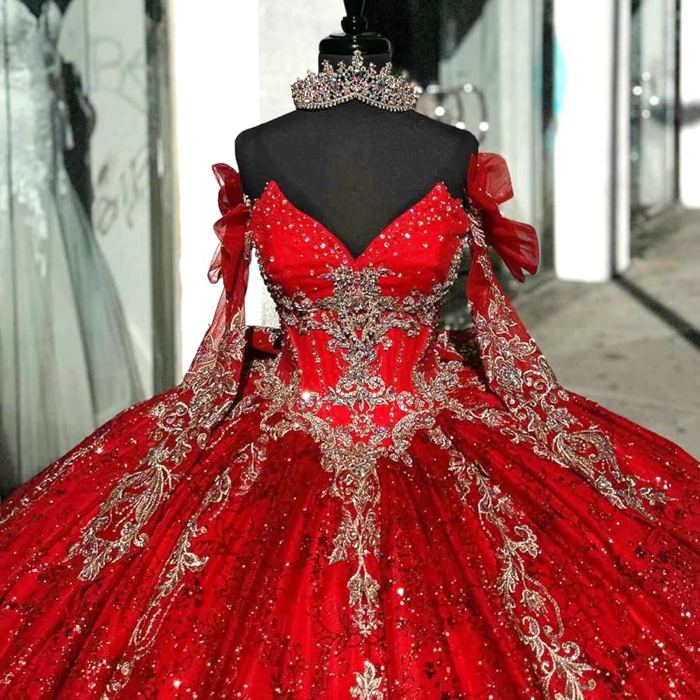 LuxeEspy Glitter Beaded Black Quinceanera Dresses with Sleeves Gold  Appliques Off Shoulder Sweet 16 Dresses with Train Vestidos de quinceañera  2 at Amazon Women's Clothing store
