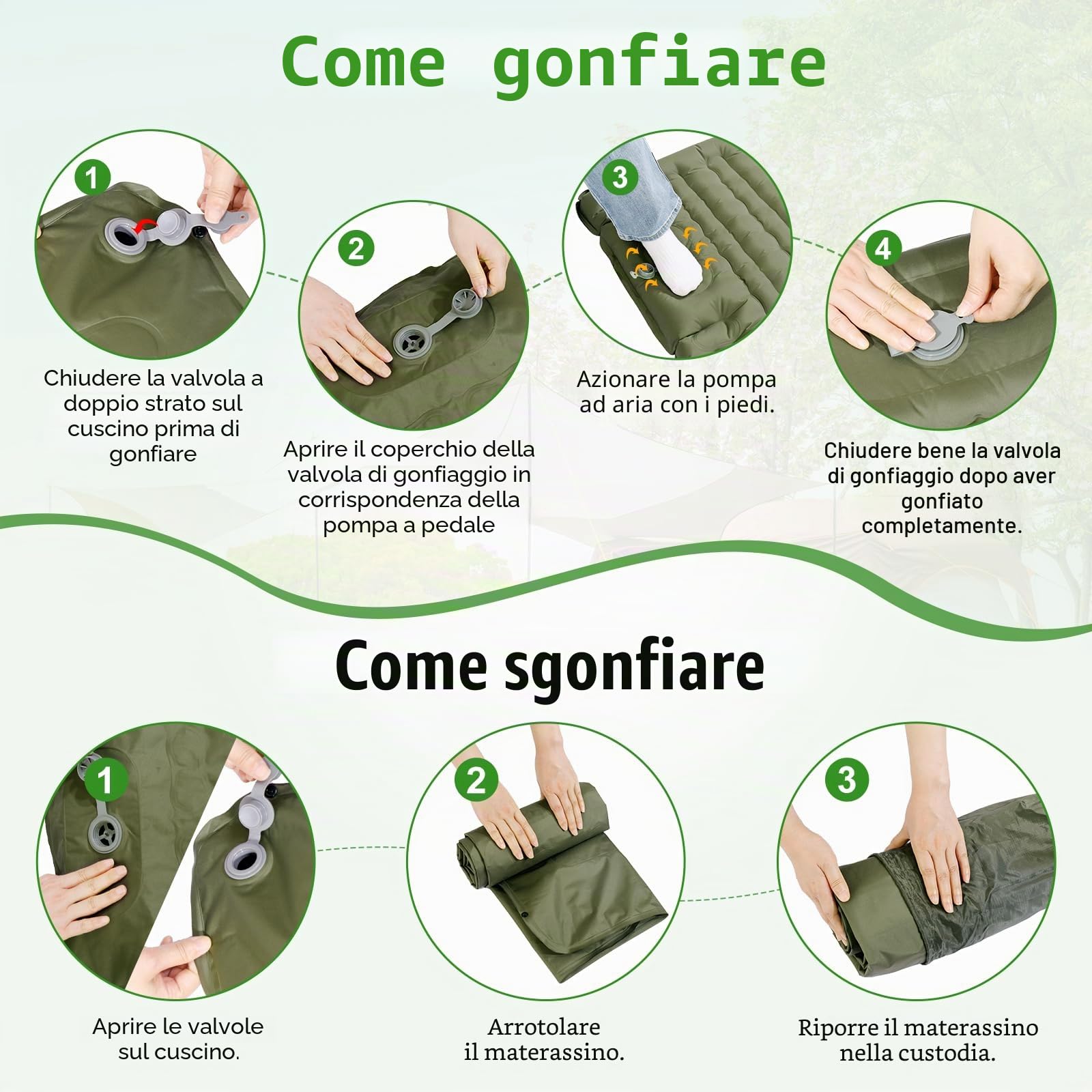 Materassino Campeggio 12cm, 196x70 CM Materasso Gonfiabile Singolo con Pompa a Pedale Integrata, Letto Gonfiabile Impermeabile Singolo con Cuscino, Tappetino da Trekking e Viaggio (Verde)