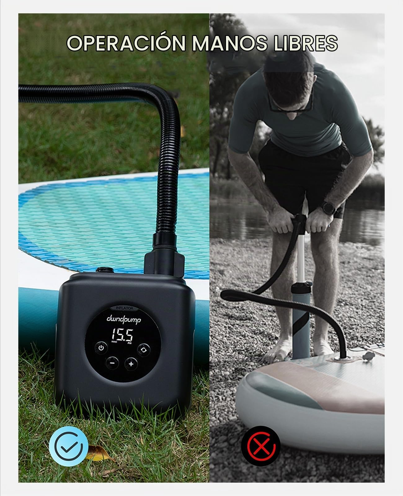 dwndpump Bomba Sup, Inflador Tabla Padel Electrico Recargable, Portátil Inflador Padel Surf Bateria, 4000 mAh y Conector de Coche de 12V, Inflado y Desinflado de Doble Etapa