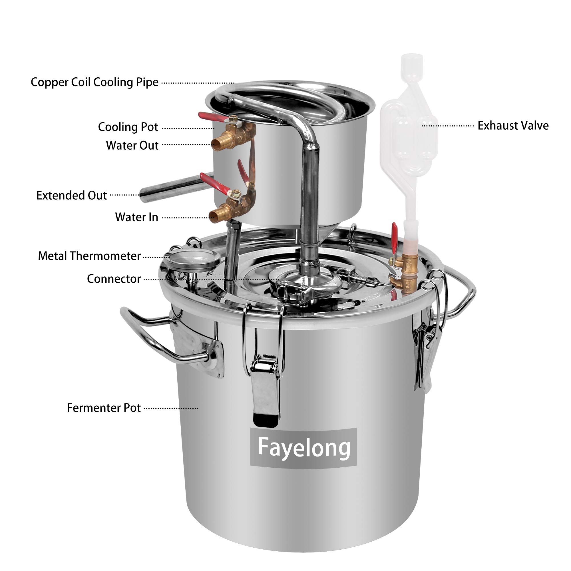 Fayelong Nuovo DIY CASA Alambicco Distillatore Vapore Distillazione Temperatura Acciaio Inox Serpentina Acqua Alcol Vino Oli Essenziali Completo Kit di Birra (10 L Litri)