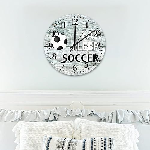 Eat Sleep - Reloj de pared de madera de fútbol de 15 pulgadas, reloj de pared personalizado de fútbol para cocina, silencioso, sin tictac, funciona