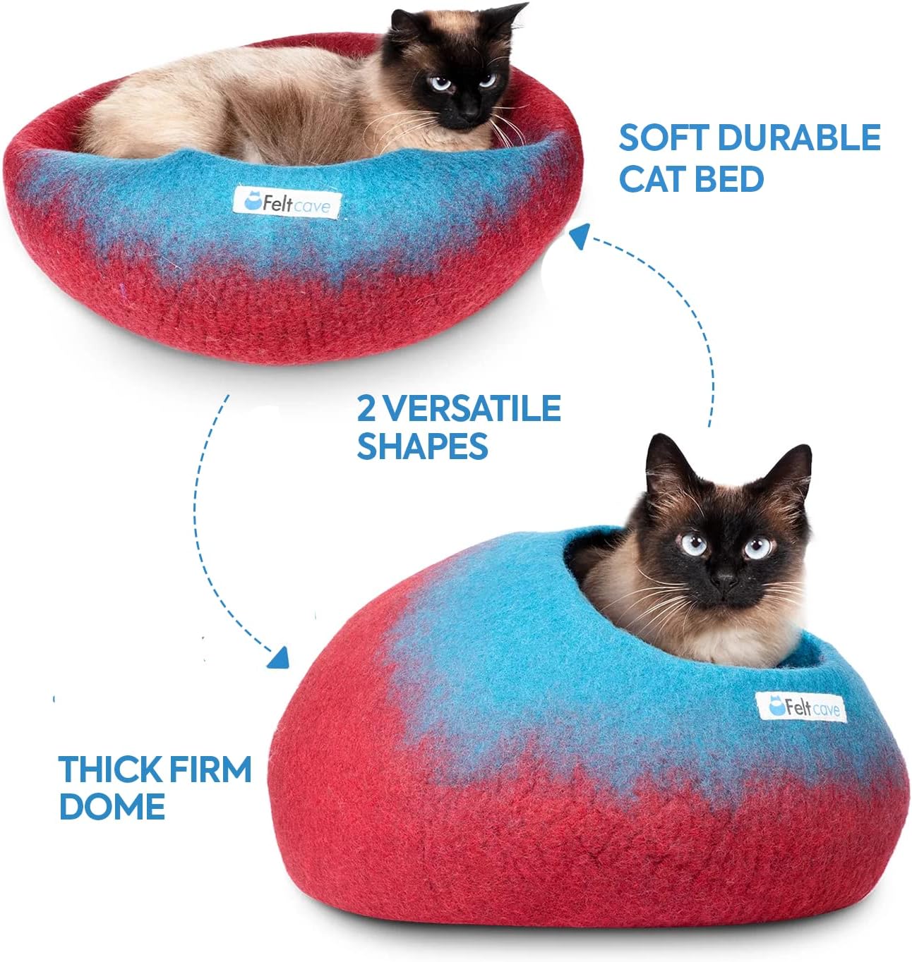 Feltcave Medium Cat Cave Bed | Maroon & Aqua | Cute and Cozy Cat Cave Handcrafted Merino Wool | Hideaway for Indoor Cats | Warming Nest for Kitty | Washable Wool Fabric - Gift for Pets