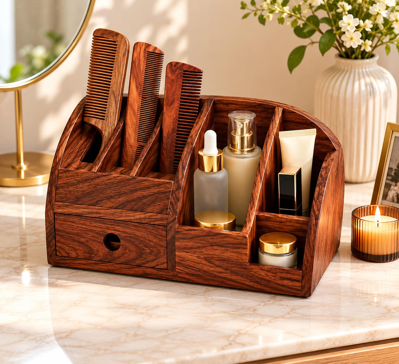 Sheesham Solid Wood Comb Stand for Dressing Table, Handcrafted Wooden Comb Holder Organizer with Storage Compartments, Durable Bathroom & Vanity Accessory (Honey, Design 17)-image-16