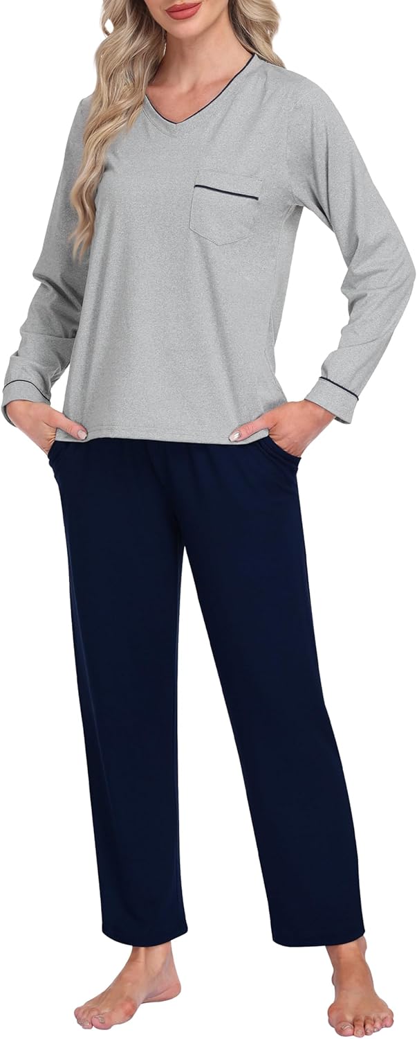 Pajamas for Men & Women Long Sleeve 2 Piece Sleep Lounge V Neck Lightweight Soft Loungewear Sets With Pockets - Image 2