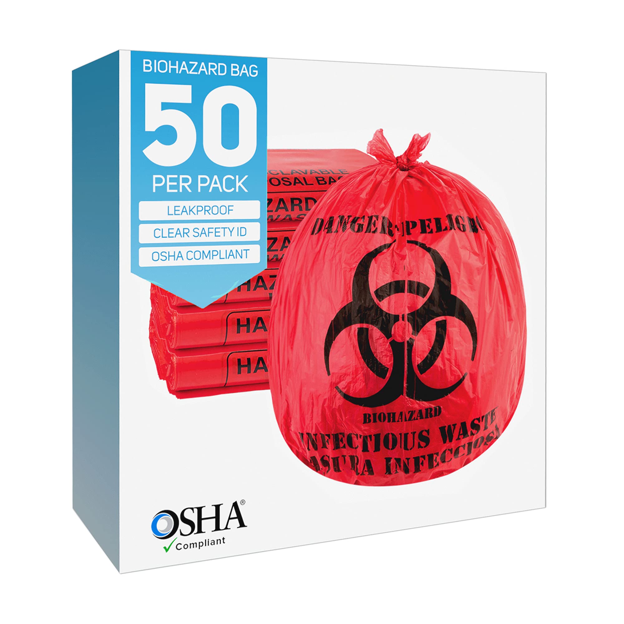 Red Biohazard Bags, No Leak Bio-Hazard Waste Bags, 10-Gallon Waste Disposal Bags, 24", Medical Grade - Disposable Hazardous Trash Can Liners for Hospitals, Doctors, Labs, Vets, and more - 50 Pack