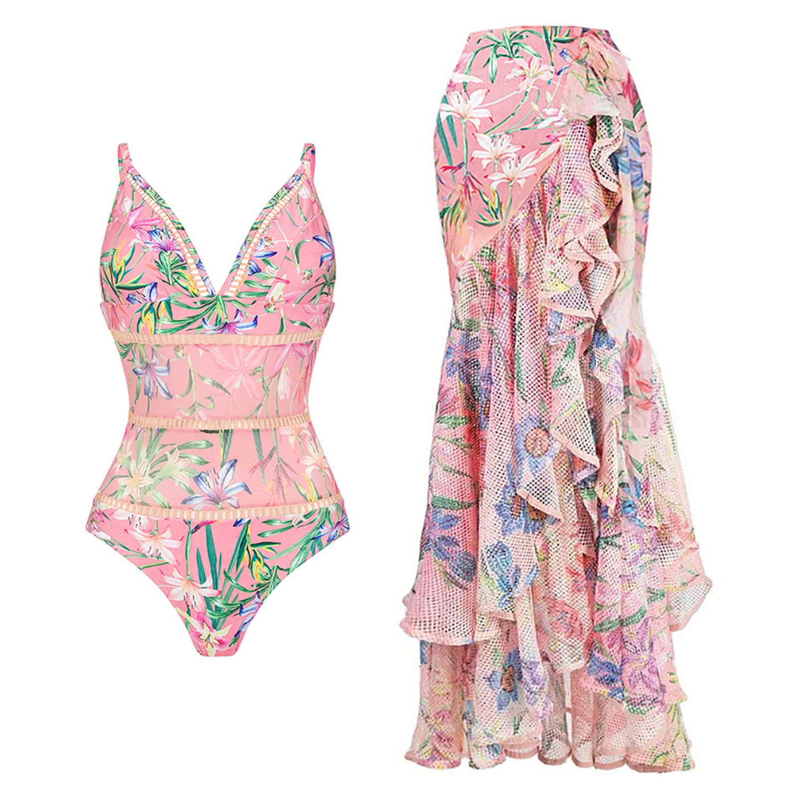 Blumendruck Badebekleidung für Damen, 1-teiliger Badeanzug mit Überwurf, Wickelrock, Badeanzug, Badeanzug