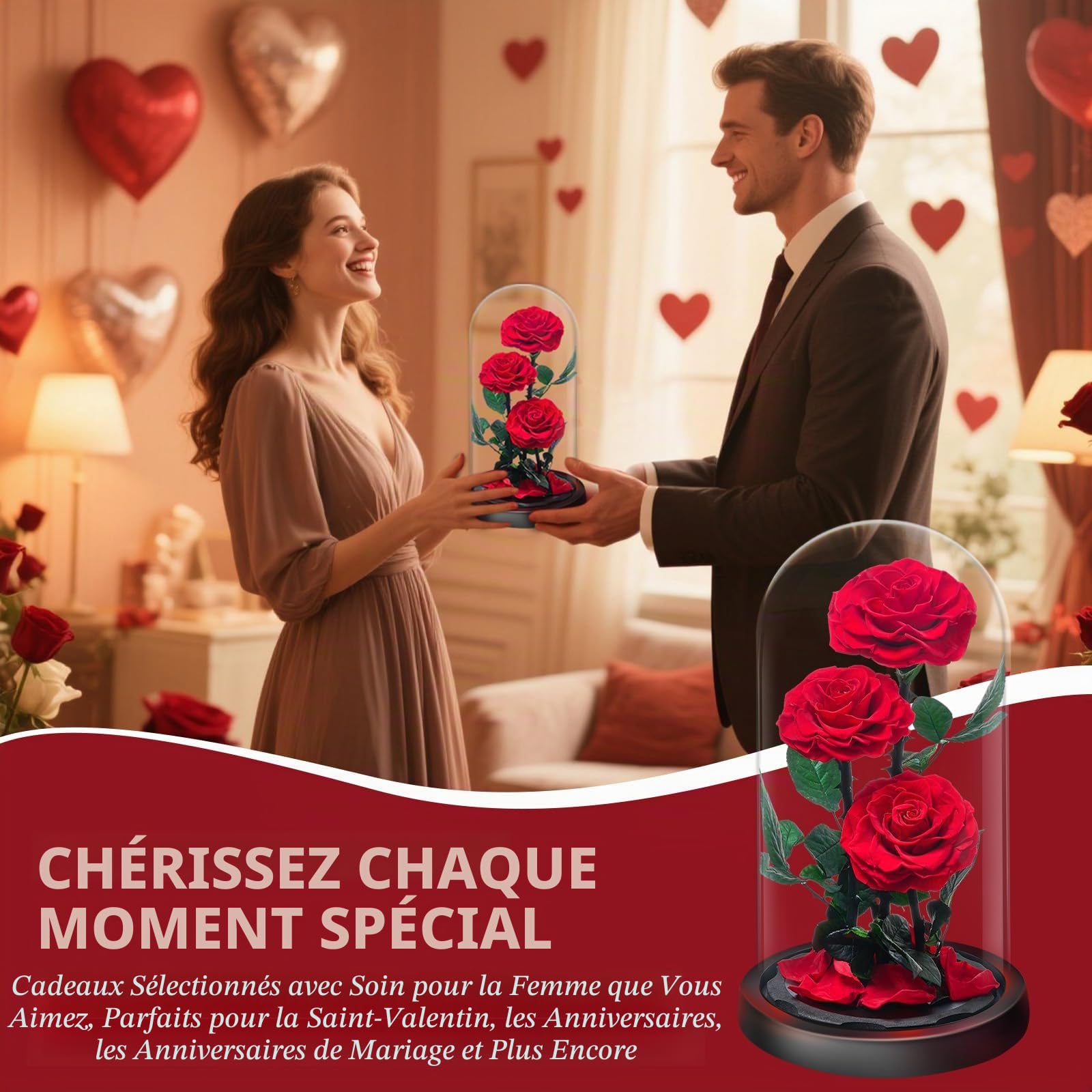 Rose Éternelle sous Cloche, Naturelle Fleur Eternelle Cadeau, Idée Boite Rose Eternel, Cadeau pour la Saint-Valentin, Fête des Mères, Noël, Anniversaire, Femme, Copine, Amie, Maman, Grand Mere