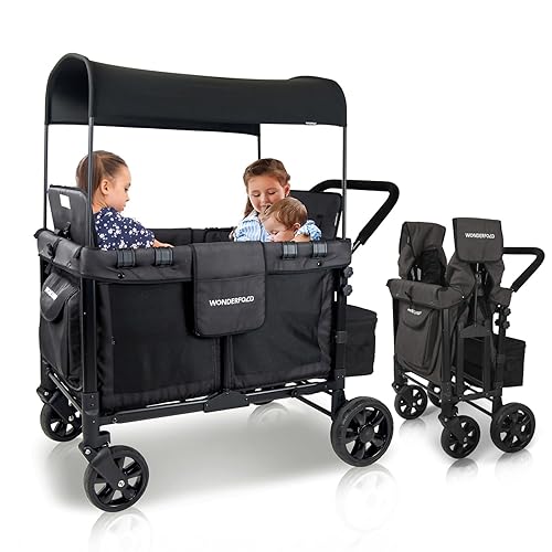 WONDERFOLD W4 - Cochecito multifuncional de 4 plazas con asientos elevados extraíbles y toldo deslizante (azul tormenta, W4_original)