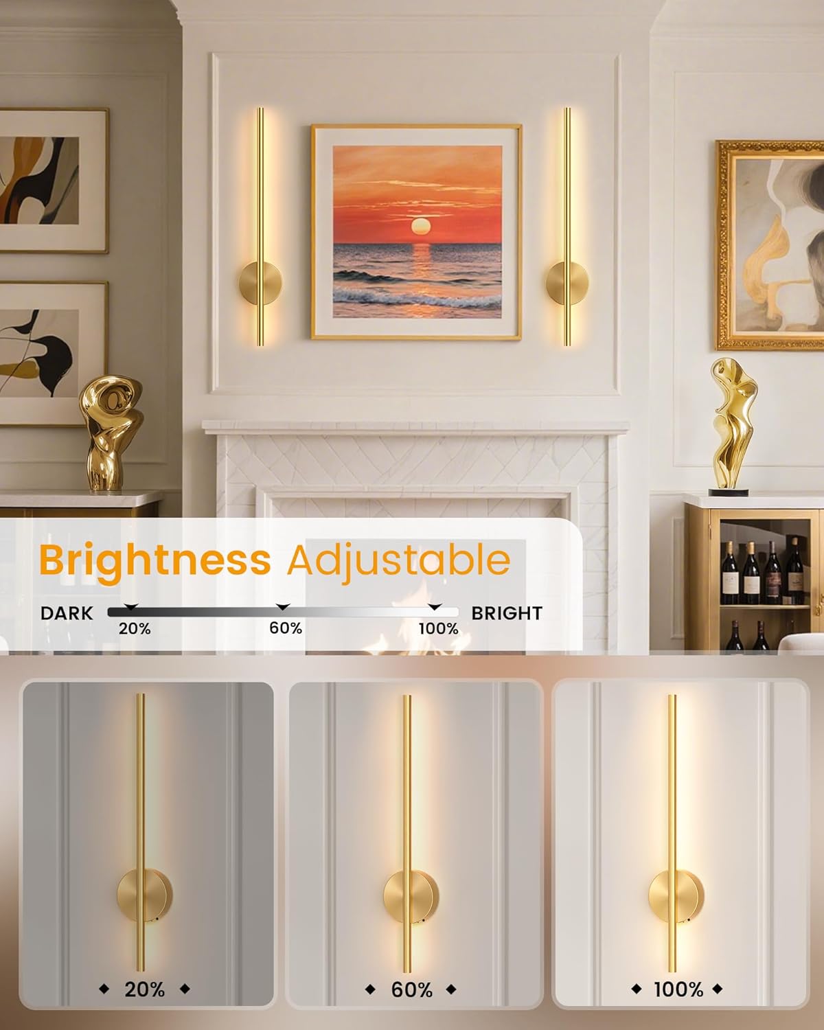 NIORSUN 27.6 Inch Battery Operated Wall Sconce Set of 2, Gold Minimalism Rechargeable Wall Lights with Remote, 3CCT Dimmable Wireless Wall Lamp for Living Room Bedroom Hallway