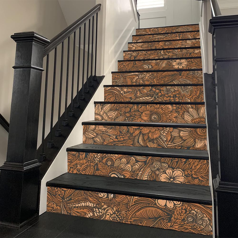 REDAMANCY Brown Vintage Flower Peel and Stick Vinyl Stair Riser Decals Staircase Tile Stair Stickers Abstract Boho Art Modern Decoration Self-Adhesive Home Decor Stair Decals (14Pcs)