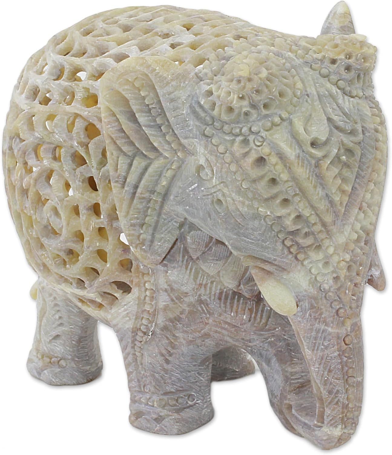NOVICA Natural Or White Animal Themed Soapstone Sculpture, Elephant Royalty'