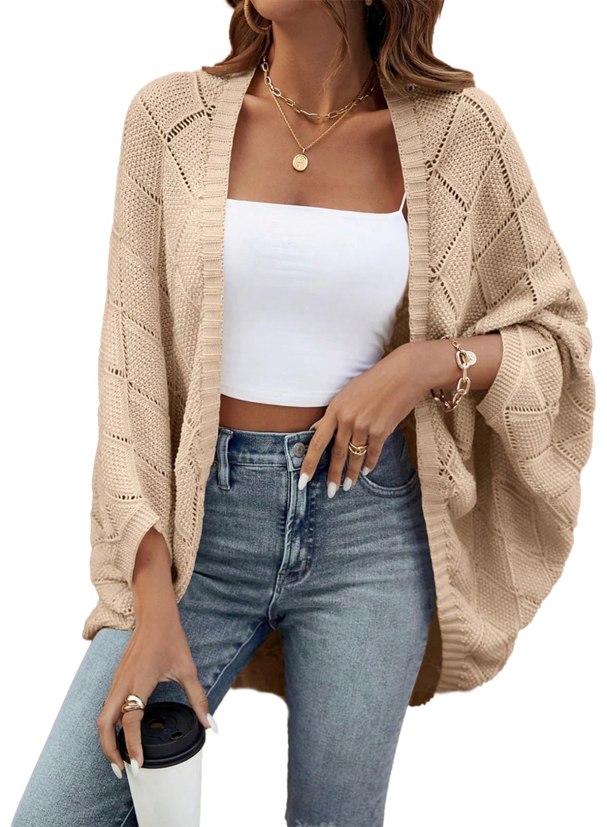 Sidefeel Womens Crochet Oversized Cardigan Sweaters Boho Long Batwing Sleeve Knit Open Front Lightweight Sweater