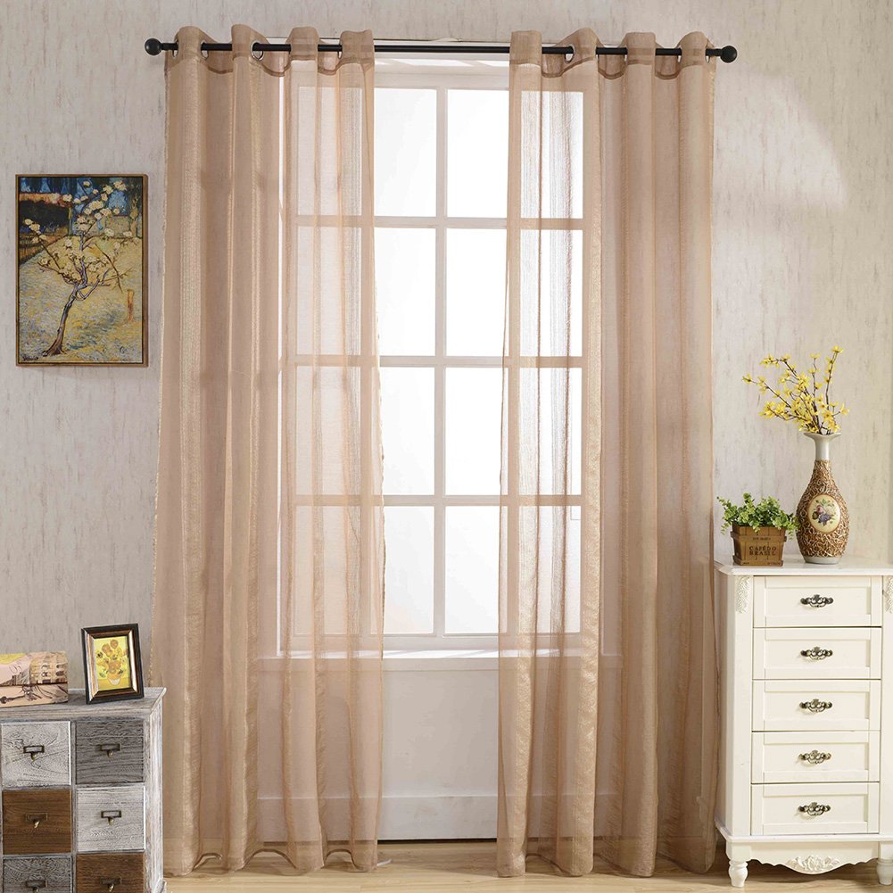 JIAN YA NA 2 Pieces Sheer Curtains,Solid Voile Window Treatment Drapes Grommet Curtain Panel for Nursery Room Bedroom Living Room Office (52x84 inch,) 52x84 Inch Coffee(Stripe)