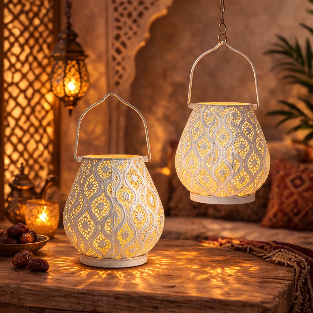 TRIROCKS Set de 2 Lámparas de Mesa Metálicas Estilo Marroquí 26 cm Altas, Faroles a Batería con Luz de Hadas para Sala, Jardín, Patio, Eventos y Mesa (Blanco)