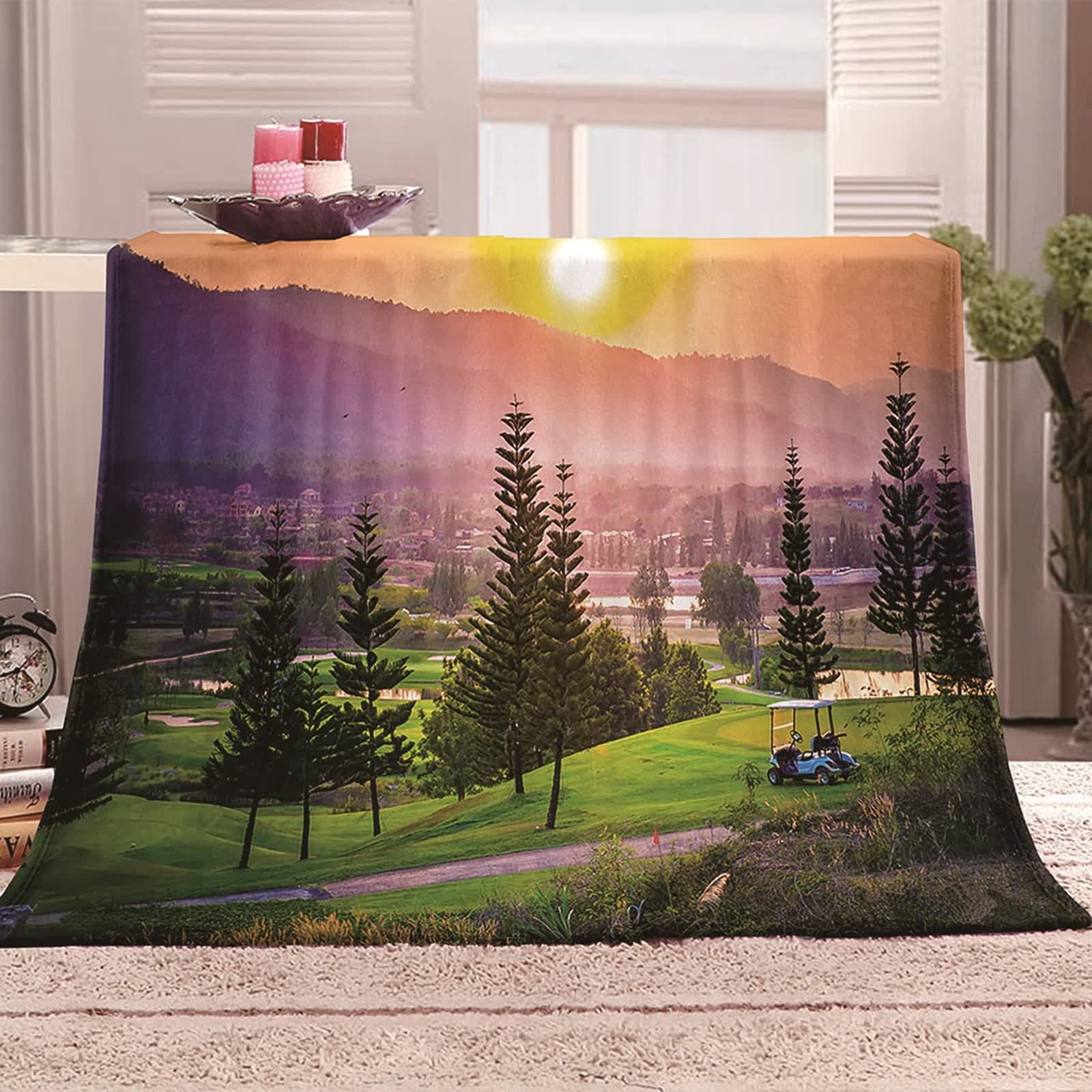 Aeici Coperta da letto soffice, grande coperta verde in flanella prato, tramonto 171 x 200 cm, per viaggi e campeggio