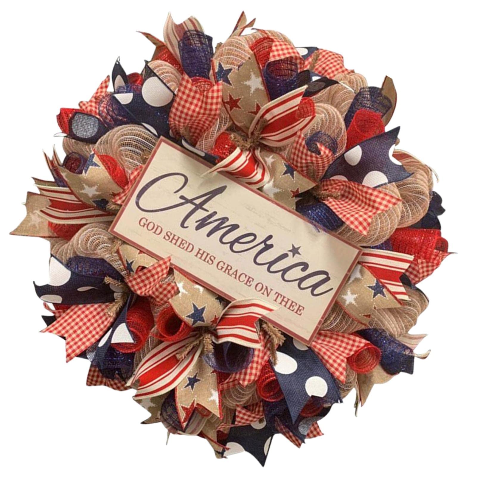 4th of July Front Door Wreath,July Fourth Spring Summer Wreaths for Front Door Decors - Independence Day Garland Patriotic Party Decoration for Front Door Wall Window, 13.8in/35cm
