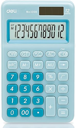 deli Calculadora básica de función estándar, calculadora de escritorio de 12 dígitos con pantalla LCD grande, calculadora de oficina de energía dual
