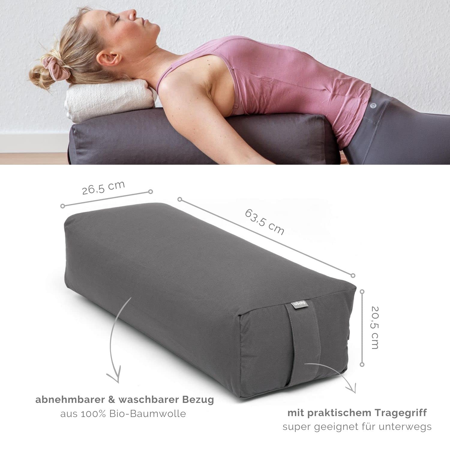 Bodhi Yoga Salamba Bolster Eco | Funda lavable de algodón 100% orgánico | Rollo de yoga rectangular con relleno de espelta orgánica | Cojín de yoga grande | Tamaño 63 x 26 x 20 cm (antracita)
