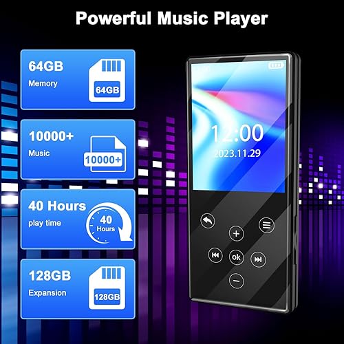 Miniatura 7 de Gueray Reproductor de MP3 Bluetooth 64GB HiFi calidad de sonido reproductor MP3 con altavoces Soporte FM Radio Grabadora TF Tarjeta (negro)