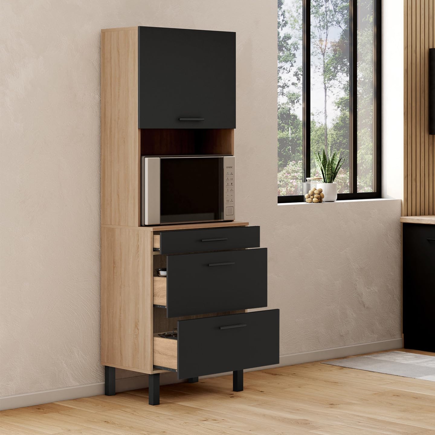 IDMarket - Colonne de Cuisine Micro-Ondes et casserolier 60 cm CINA 2 Portes façon hêtre et Noir