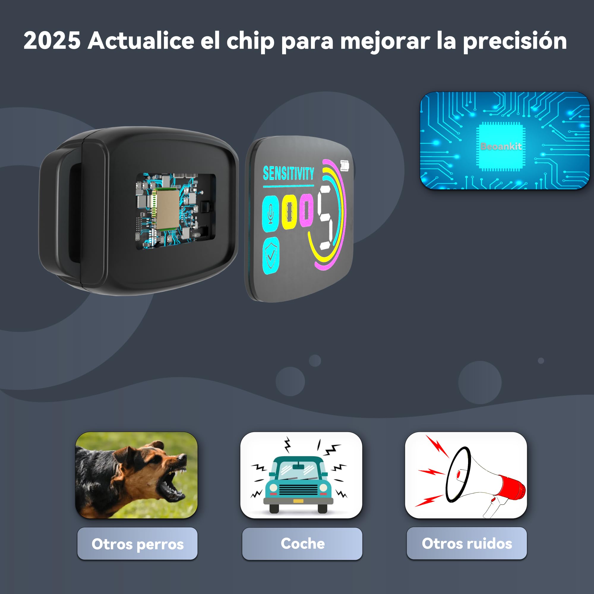 Collar Antiladridos Automático para Perros,Detección Inteligente de Ladridos con Modos de Vibración/Sonido/Fuerte Vibración,Resistente al Agua y Recargable,Adecuado para Perros Grandes y Medianos