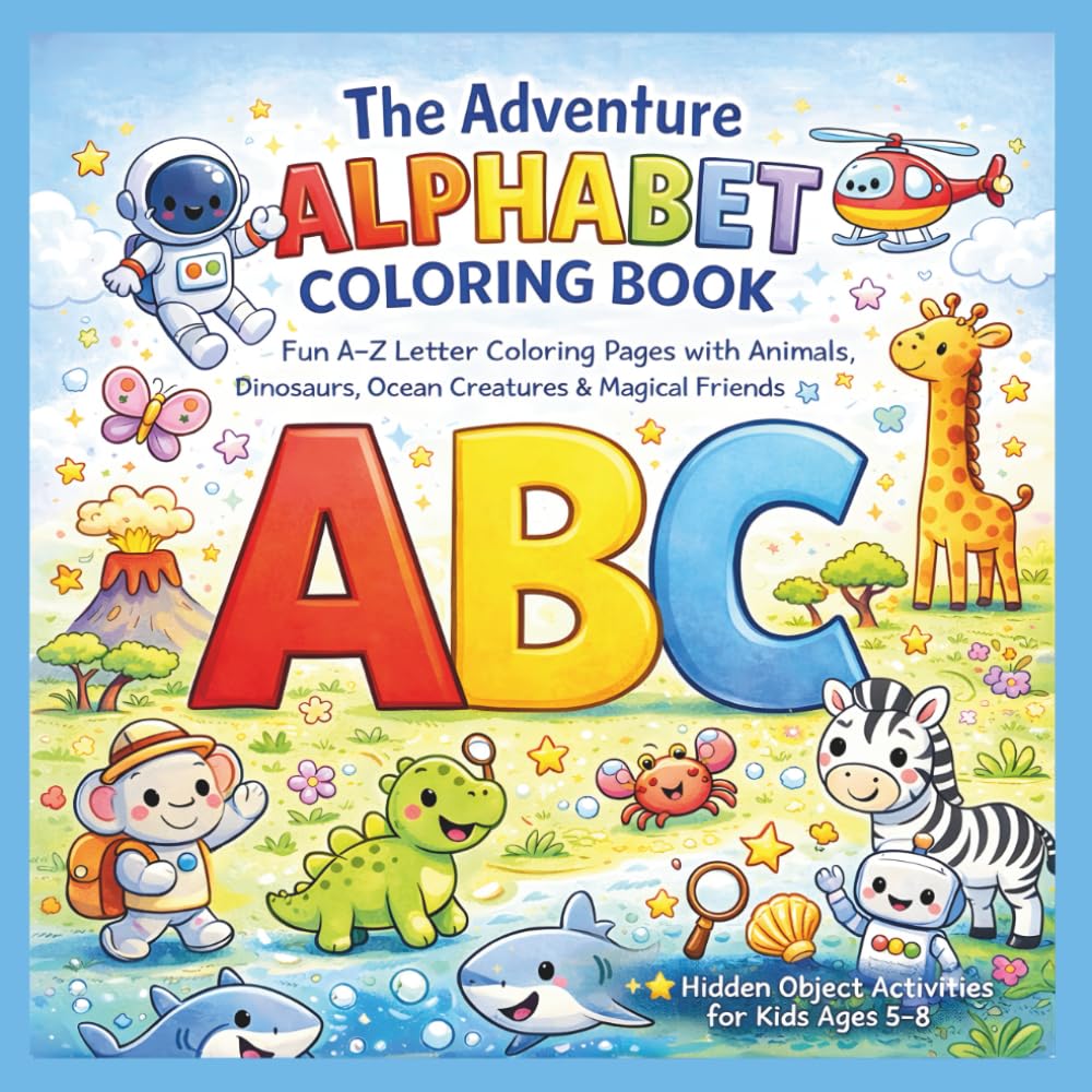 The Adventure Alphabet coloring book: Fun A–Z Letter Coloring Pages with Animals, Dinosaurs, Ocean Creatures & Magical Friends + Hidden Object Activities for Kids Ages 5–8