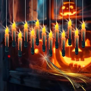 12PCS Floating Candles with Wand, Magic Hanging Candles, Flickering Warm Light LED Taper Flameless Candles with Wand Remote, Battery Operated Window Candle for Halloween Decorations