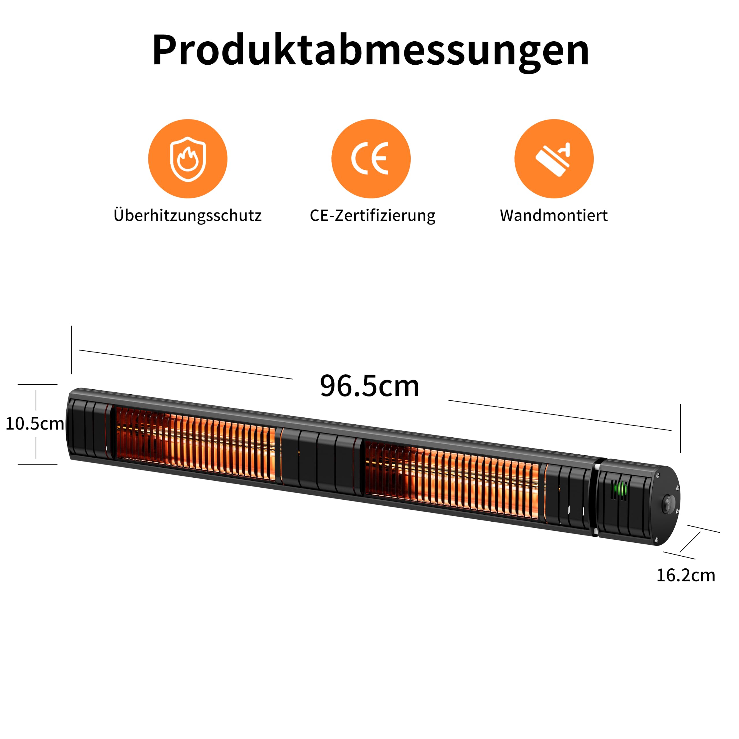 Heizstrahler Terrasse, Infrarotstrahler 3000W, Elektrisch Wärmestrahler mit 3 Heizstufen, Wandmontage, IP65 Wasserdicht, Infrarot Terrassenheizer für Garten Terrasse & Balkon, Schwarz