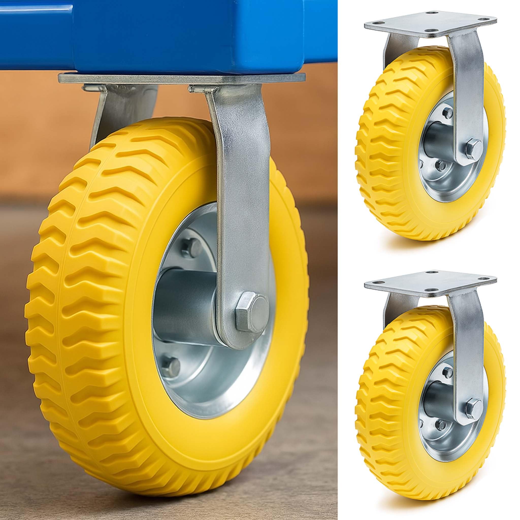 Wiltec Bockrollen Set 2x Ø225mm Transportrolle 58mm breit bis max.100kg pro Rad gelb aus Vollmaterial mit fixierter Halterung pannensicher, leiser Lauf