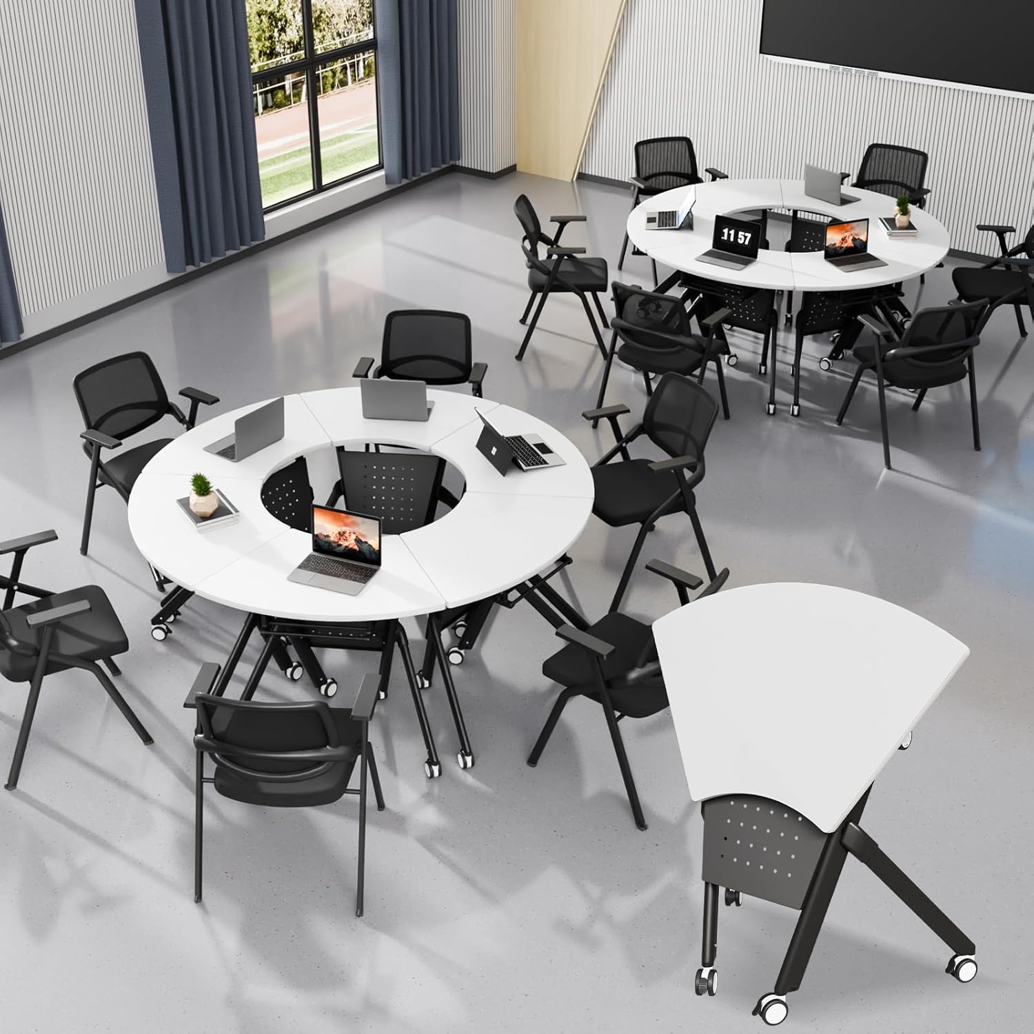 Folding Conference Table with Wheels, Flip Top Mobile Conference Table, Modular Rectangular & Fan-Shaped, Black Brown White, for Office Classroom Training (2, White, Fan-Shaped)