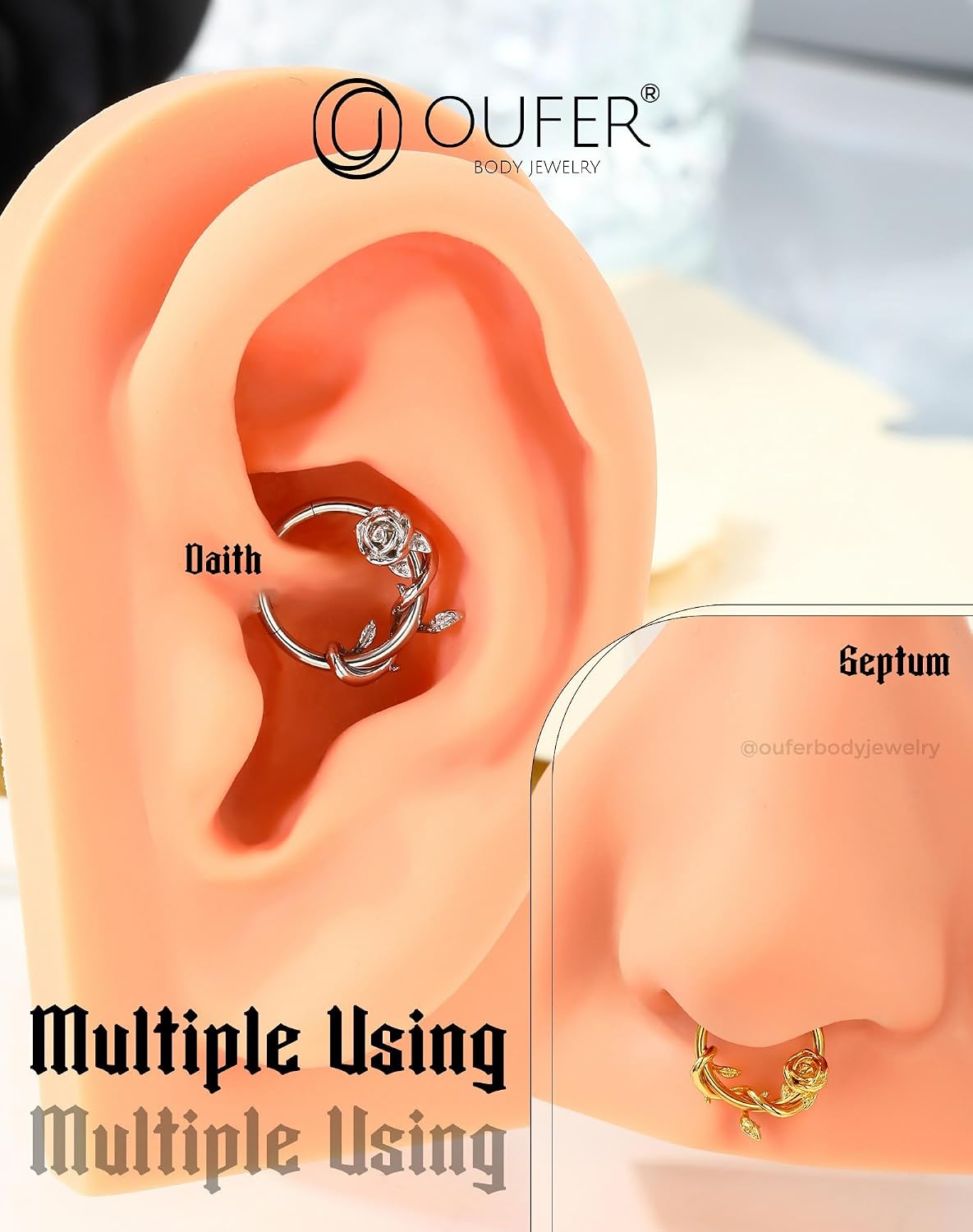 OUFER FLower 16G Gold Septum Rings, 316L Surgical Steel Septum Jewelry, Hinged Clicker Daith Piercing Jewelry, Daith Cartilage Helix Tragus Earring Hoop For Women