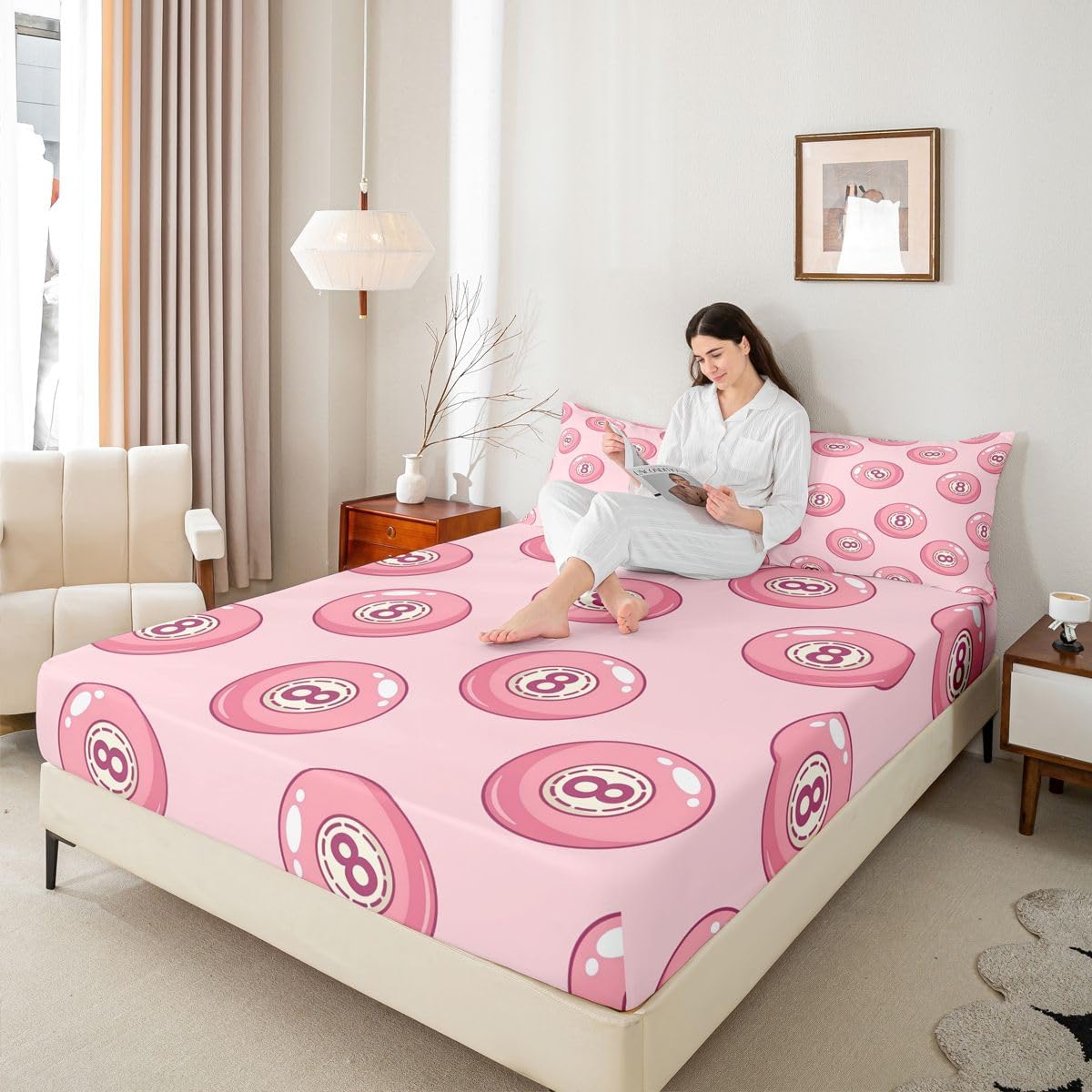 Erosebridal Pink Lucky 8 Ball Fitted Sheet Full Fashion Trendy Y2K Bed Sheets Girly Coquette Preppy Bedding Set for Kids Boys Girls,Aesthetic Funky Y2K Bed Cover 3 Pcs