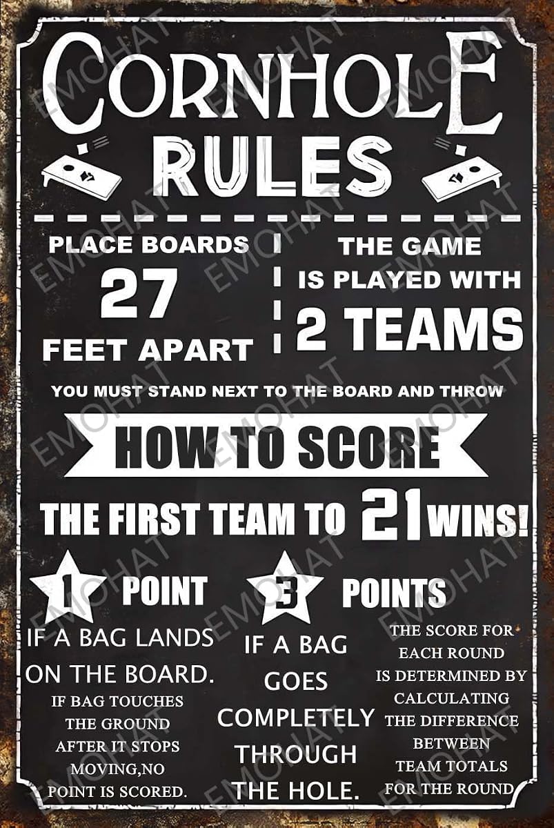 EMOHAT Tin Sign Wall Decoration Cornhole Rules Score Family Games Points Iron Poster Living Room Bedroom Man Cave Garage Wall Art Tin Painting Metal Plate Aluminium Decor 8x12inch