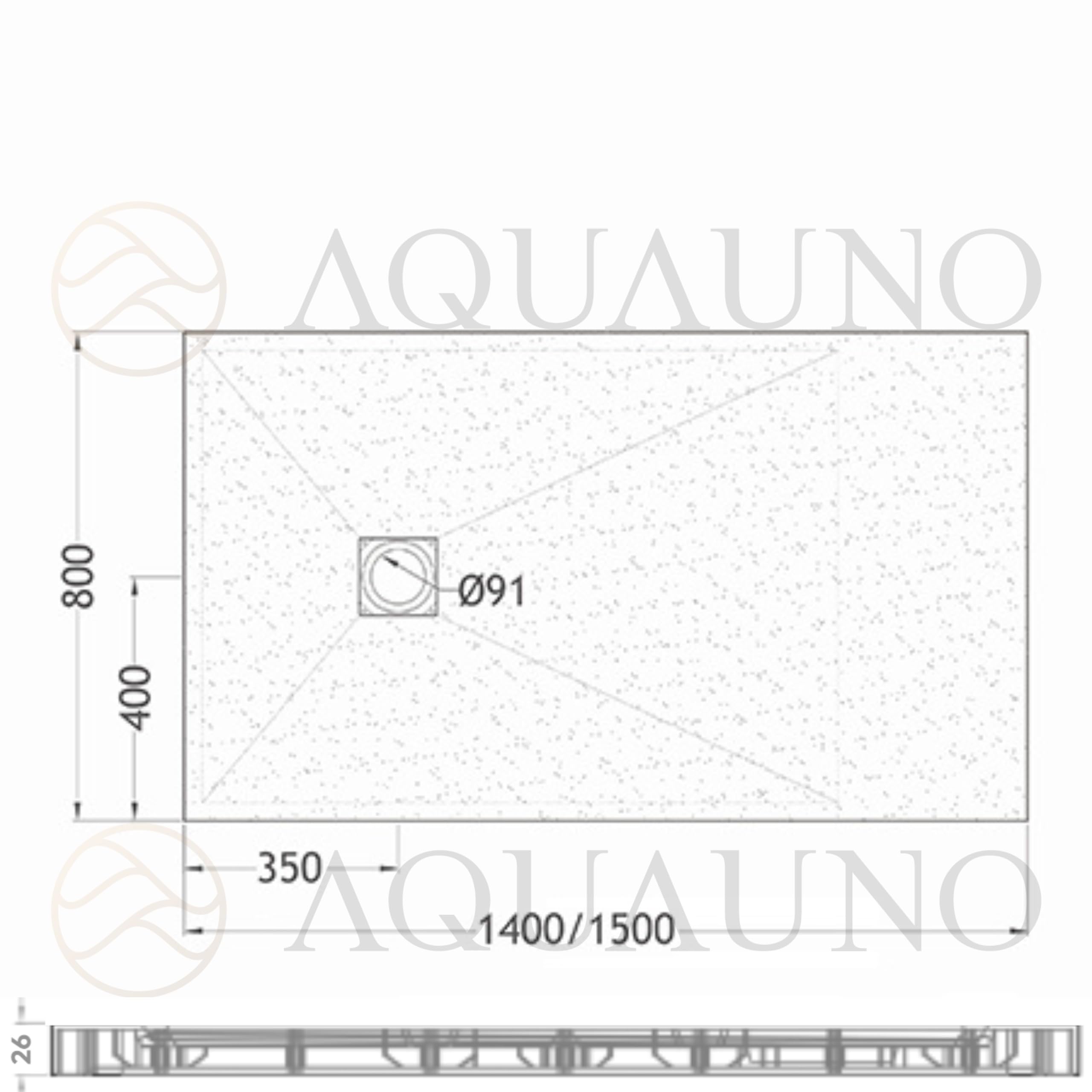 AQUAUNO Brodzik prysznicowy 140 x 80 cm o wyglądzie kamienia, ultra płaski 2,6 cm – brodzik z kompozytu SMC, w zestawie syfon, odpływ 90 mm, czyszczenie od góry, biały