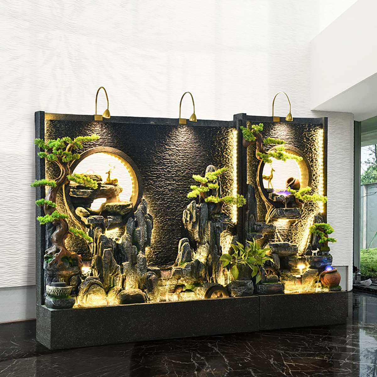 12ft Stunning Cement Water Fountain with Rockery Landscape Decor with LED Lighting Perfect for Home,Garden,and Office Interior Decoration(A+Bright)