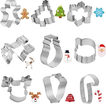 Hoypeyfiy 9PCS Stainless Steel Christmas Cookie Cutters Gingerbread Man, Christmas Tree, Elk, Snowman, Snowflake, Santa Claus, Stockings, Candy Cane