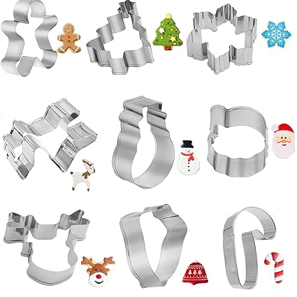 9PCS Christmas Cookie Cutters, Christmas Biscuit Cutter, Stainless Steel Gingerbread Man, Christmas Tree, Elk, Snowman, Snowflake, Santa Claus, Stockings Cookie Cutters for Biscuit, Fondant (Style 1)