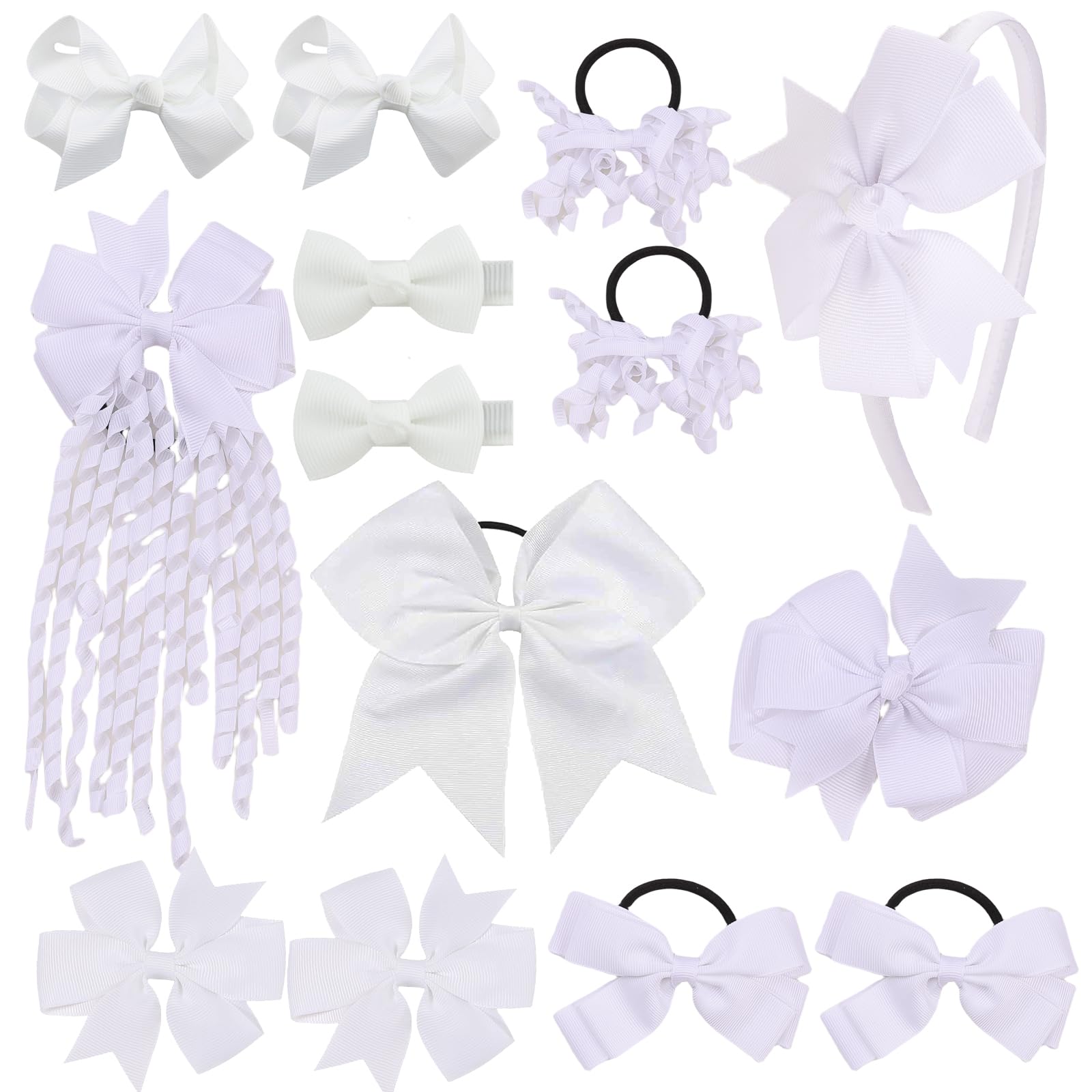 School Hair Accessories Set 14 Pcs Uniform Hair Bow Headband Clips Hair Ties Curly Korker Bows for Little Toddler School Girls (White)
