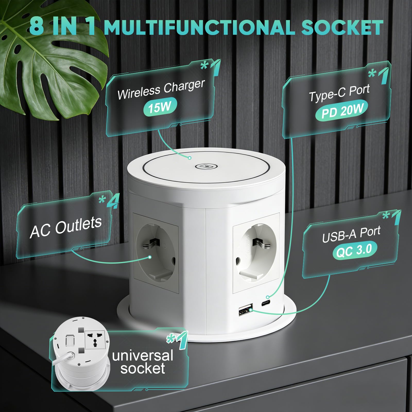 Versenkbare Steckdose mit USB C PD 75W, 8-in-1 Einbausteckdose mit 15W Kabelloses Ladegerät, 4 Fach Versenkbare Tischsteckdose für Arbeitsplatte Küche, 1,5M Kabel, D 115MM