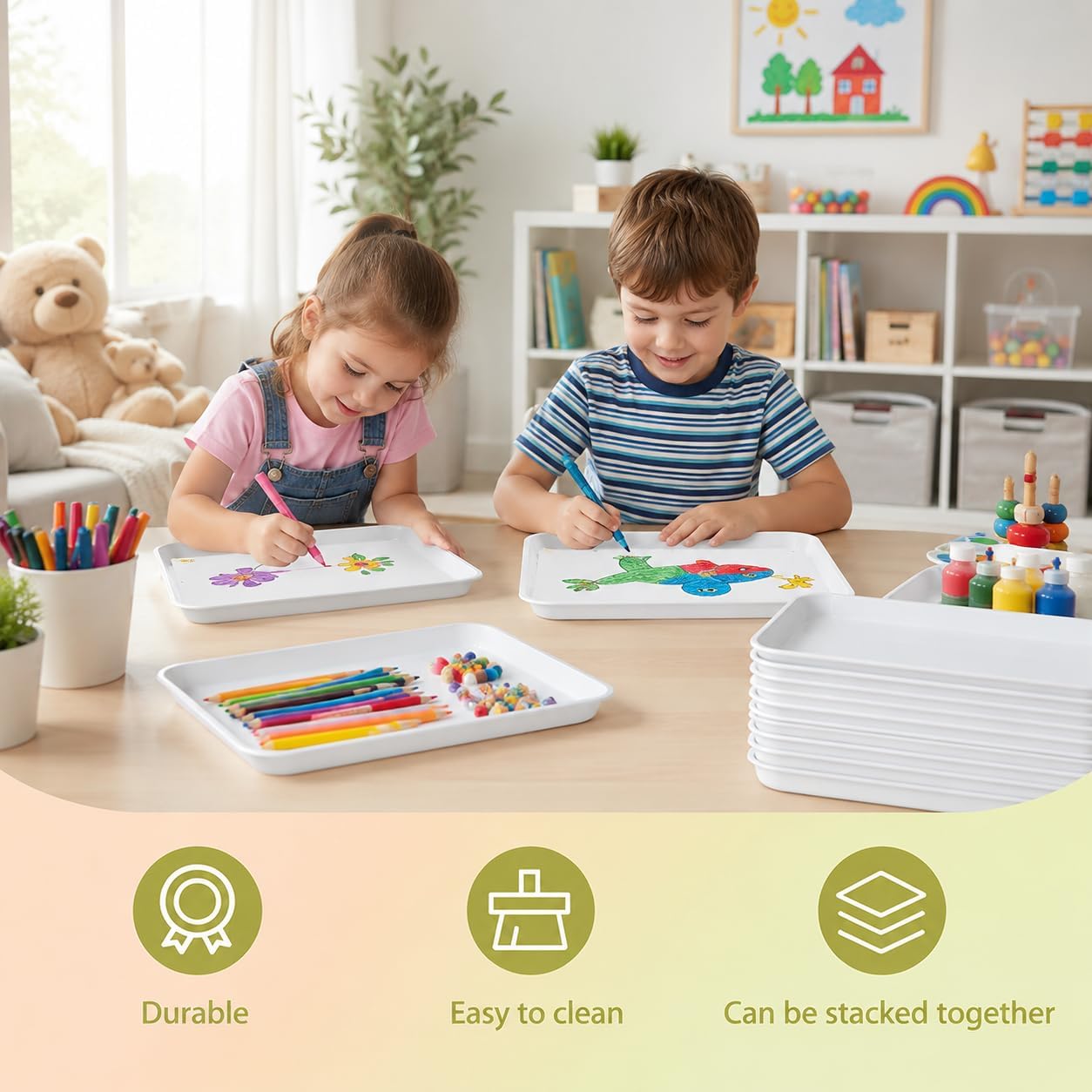 Duimbok 8 Pack Plastic Art Trays for Kids, White Activity Craft Organizer Trays, 12 x 8.6 Inch Serving Trays for Painting, Beads, DIY Projects, Classroom, School and Home image 4