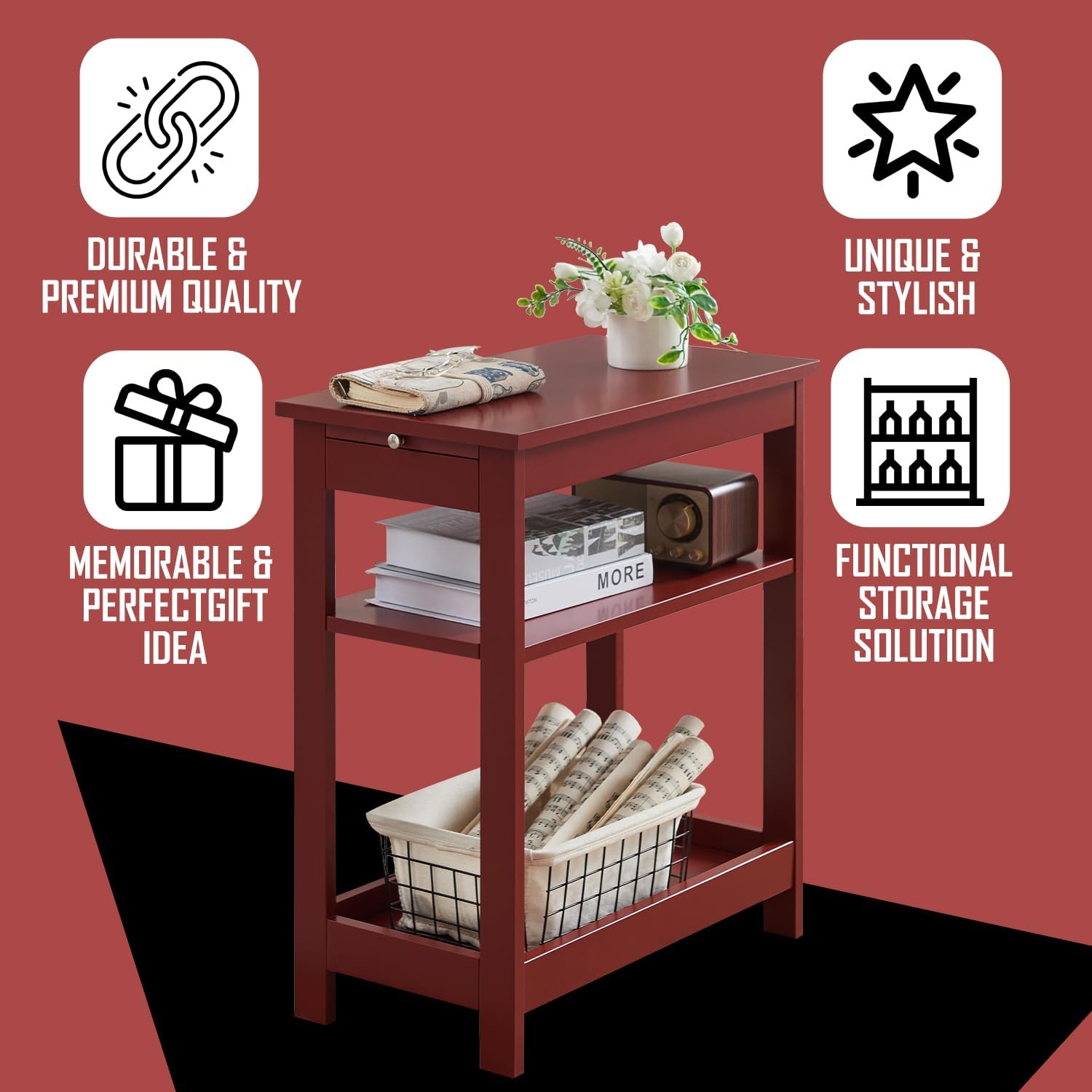 Kings Brand Furniture - Slim Wood Side End Table with Storage Shelves & Pull-Out Tray, Nightstand for Bedroom, Living Room, Red