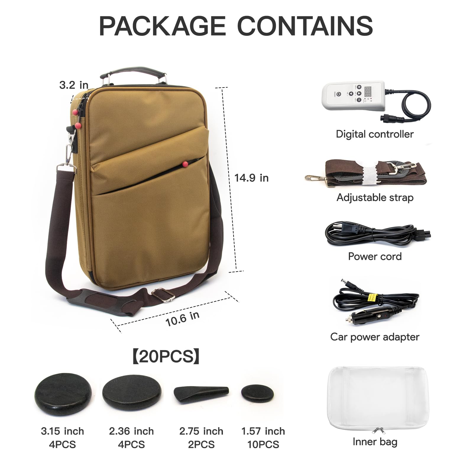 Tragbares Massagestein-Wärmer-Set, Temperaturkontrolle, Heizungsmassagegerät, Reisetasche mit Auto-Adapter für professionelles/Heim-Spa (braun)