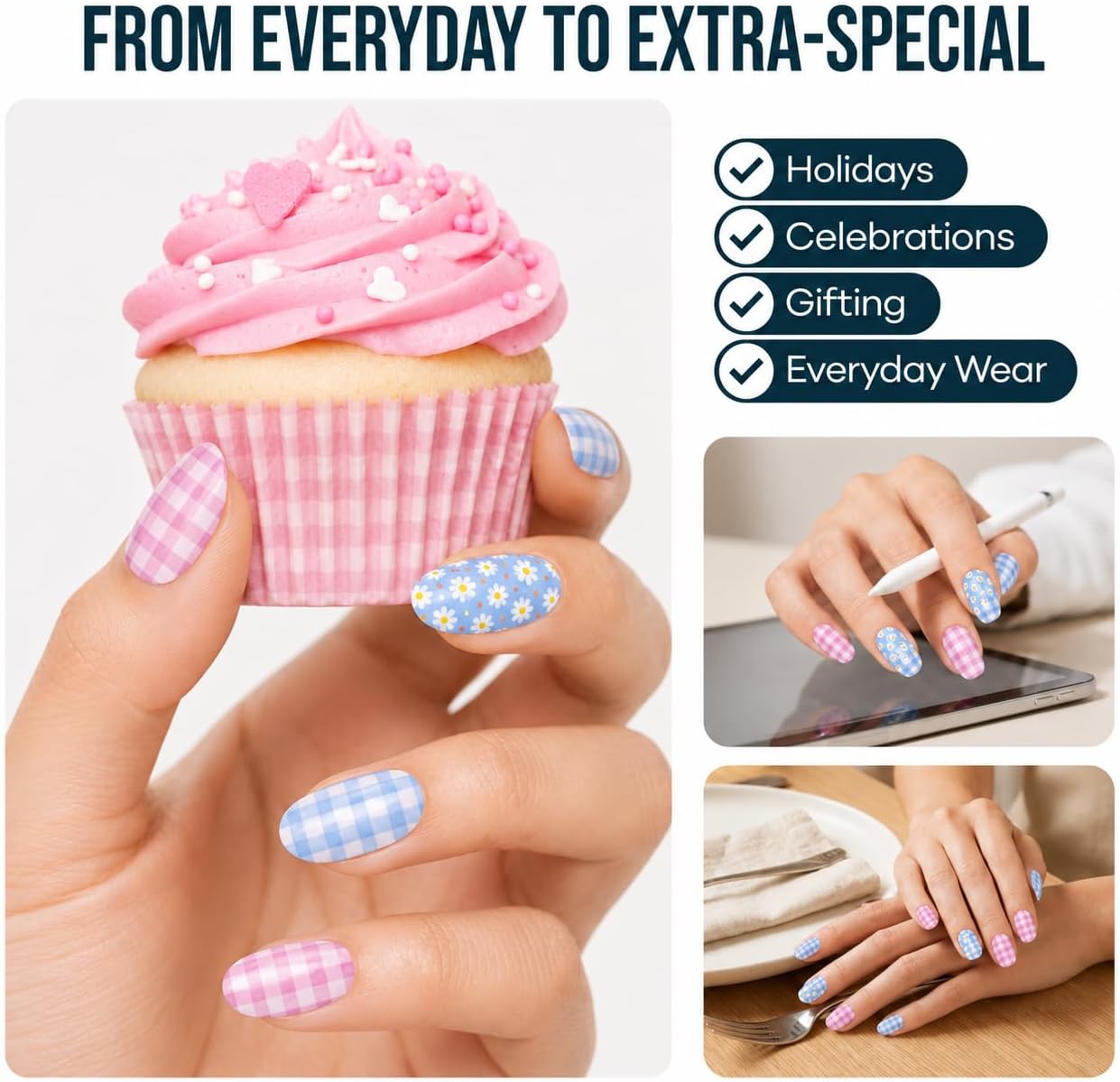 Adora Couture Semi Cured Gel Nail Strips with 20 Pieces - UV Gel Stickers, Manicure Kit, Easy Application Wraps Includes Prep Pads, Nail File, Wooden Stick - UV Light Required (Daisy Picnic)