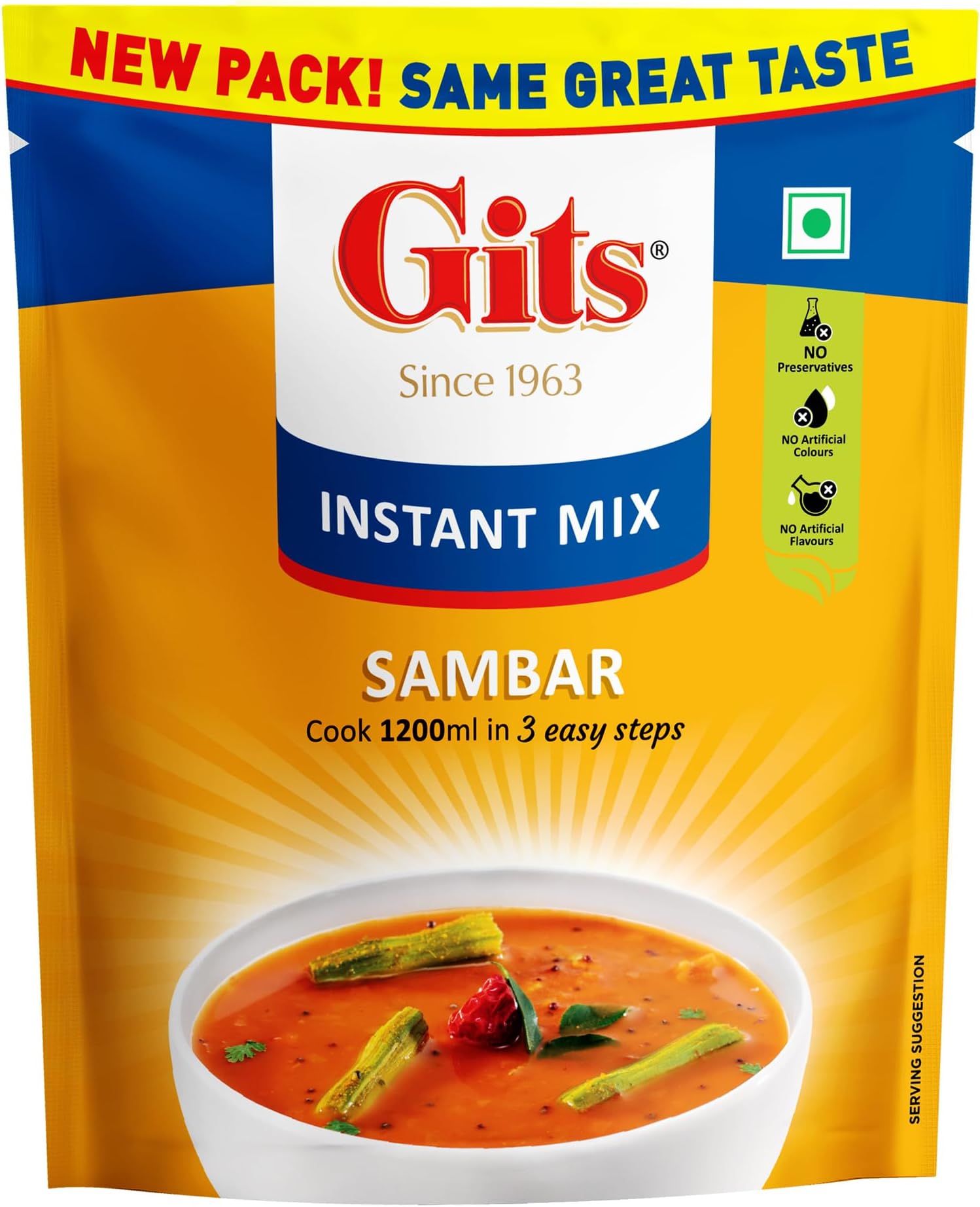 - Gits Instant Sambhar Breakfast Mix, Makes 1200ml per Pack, Pure Veg, South Indian Recipe 400g (Pack of 4, 100g Each)