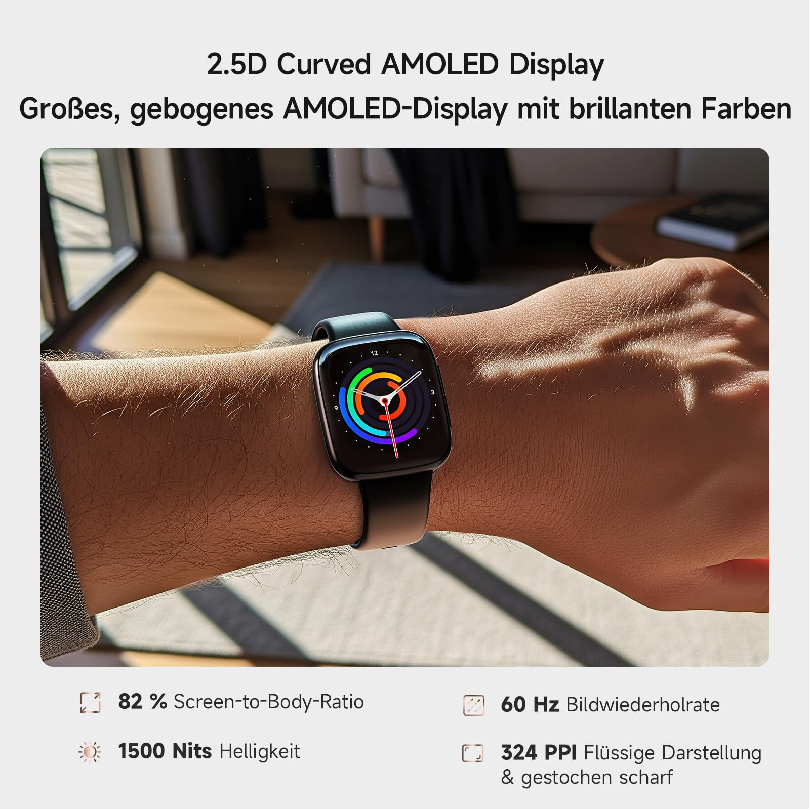 Smartwatch Damen, AMOLED 1,85" Smart Watch für iPhone/Samsung/Android(Telefonfunktion), Fitness Tracker mit integriertem Alexa, 110 Sportmodi, IP68 Wasserdicht, Pulsmesser Schlafmonitor, Schrittzähler