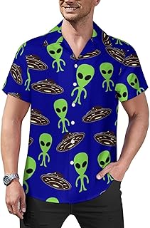 Green UFO Aliens Mens Shirts Hawaiian Short Sleeved Cuban Collar Graphic Tees Tops
