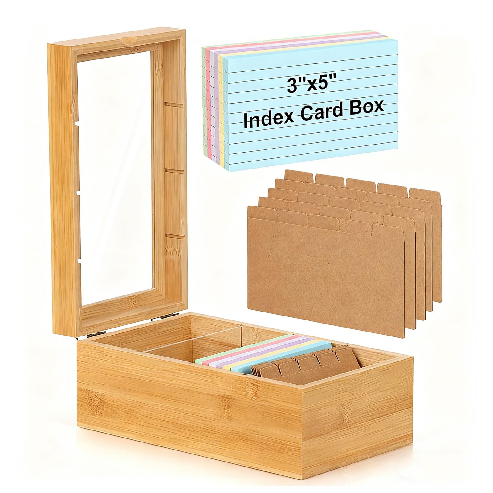 EAZHOP Wooden Index Card Organizer Box with Transparent Lid 4 Compartments Rectangular Desktop Organiser for 3"x5" Cards